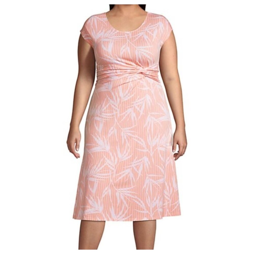 LANDS END Tropical Palm Print Twist Front Midi Dress Size XL Peach White Cotton
